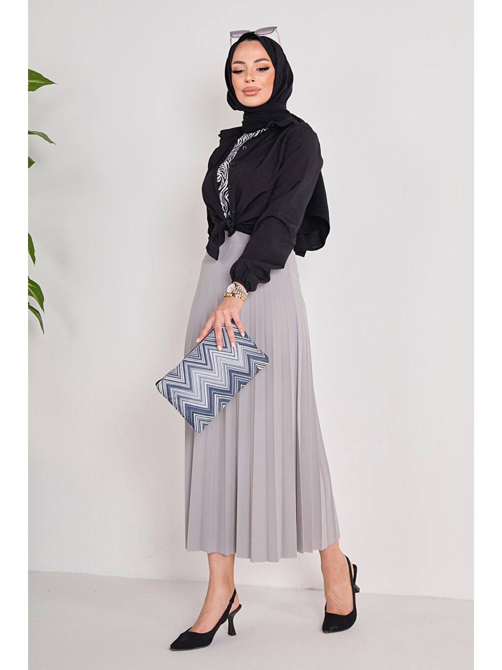 Orta Kadın Gri Piliseli Etek - 23035-1