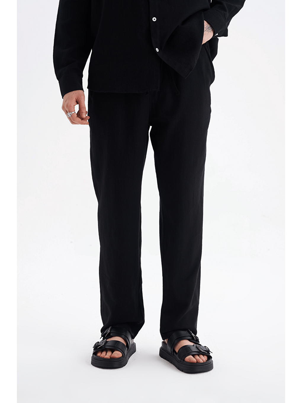 Erkek %100 Pamuklu Keten Görünümlü Pantolon Gömlek Takım Siyah-5