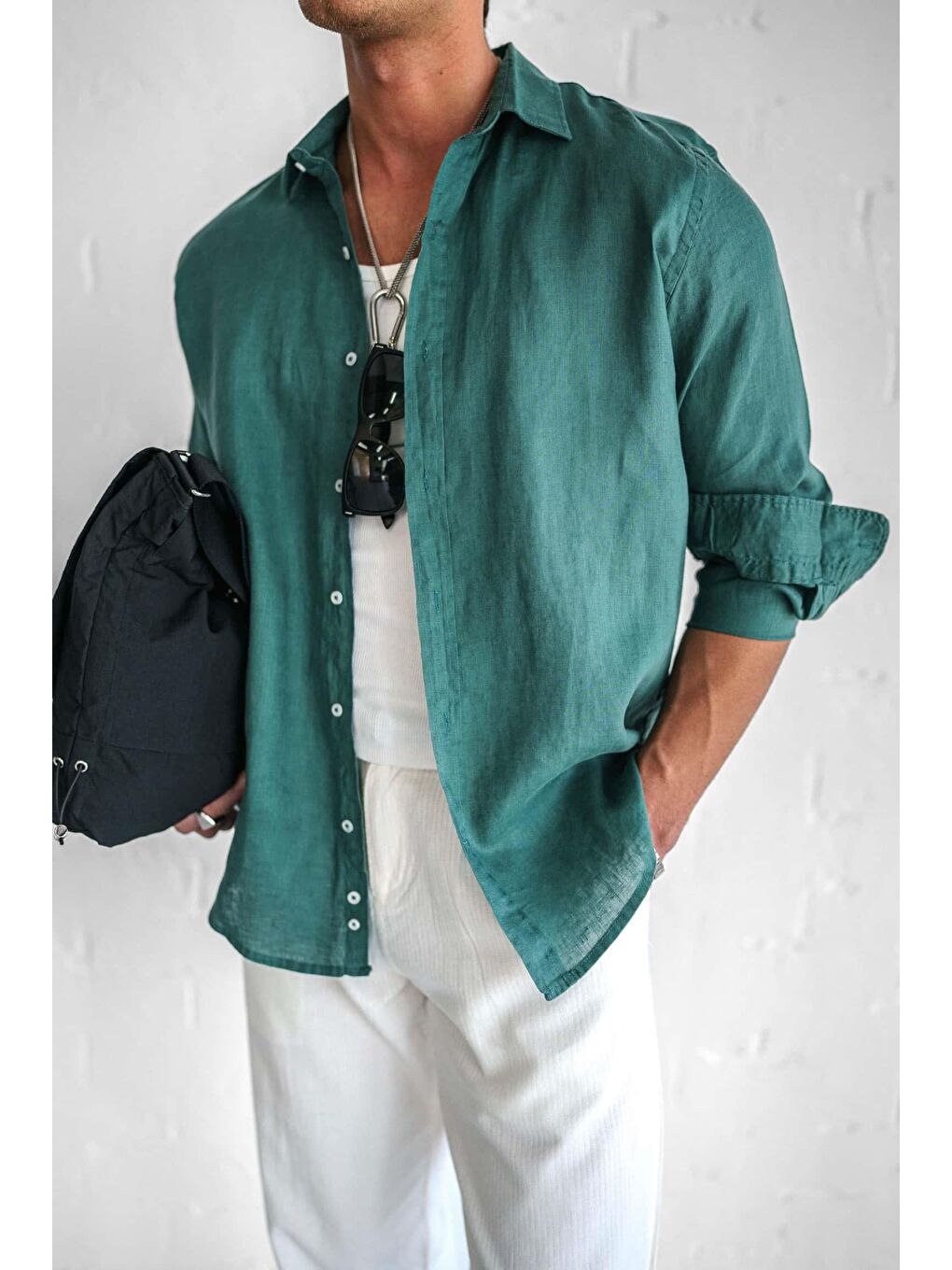 Erkek Uzun Kollu Regular Fit %100 Keten Gömlek Yeşil