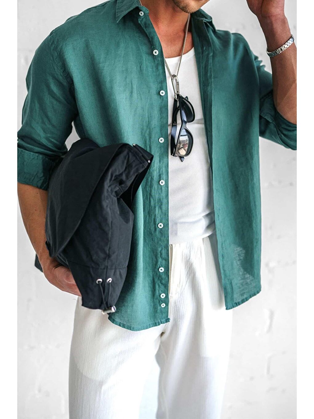 Erkek Uzun Kollu Regular Fit %100 Keten Gömlek Yeşil-1