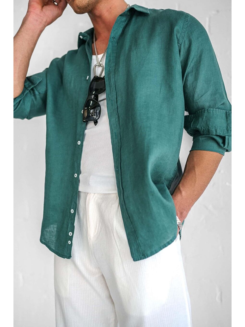 Erkek Uzun Kollu Regular Fit %100 Keten Gömlek Yeşil-2