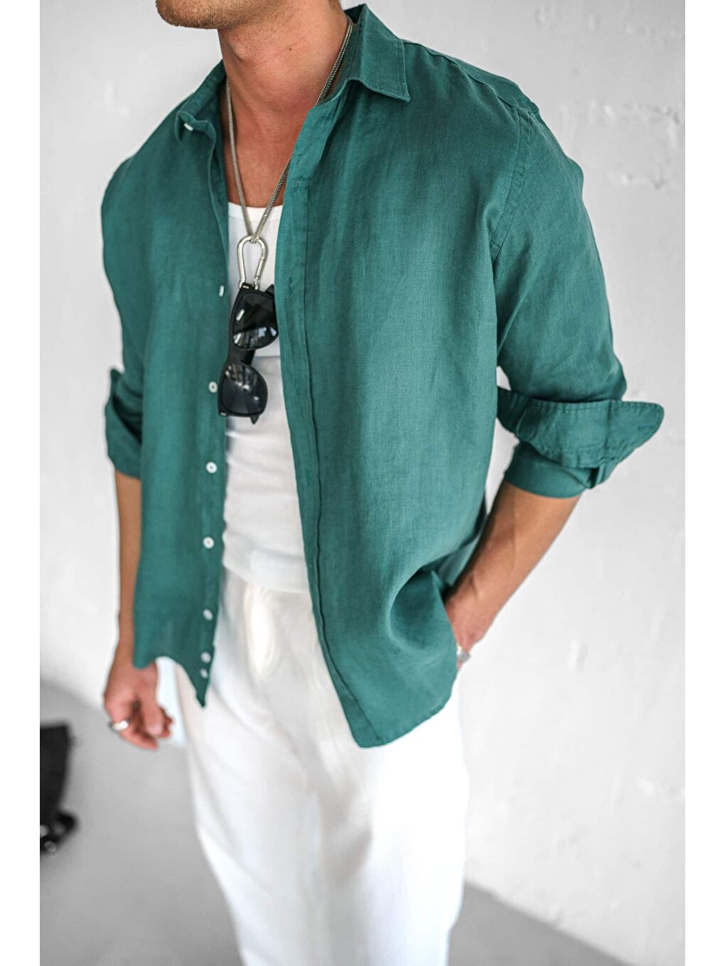 Erkek Uzun Kollu Regular Fit %100 Keten Gömlek Yeşil-3