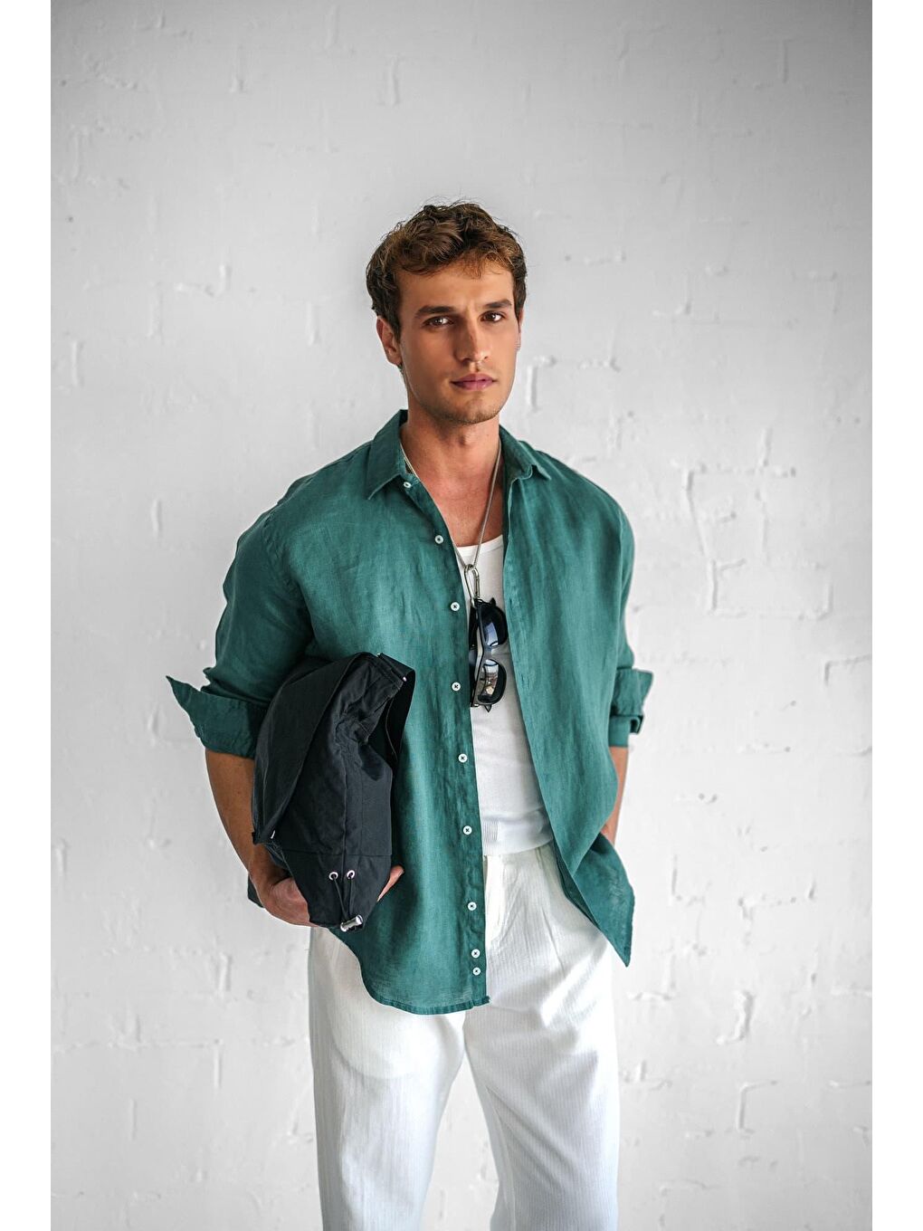 Erkek Uzun Kollu Regular Fit %100 Keten Gömlek Yeşil-4