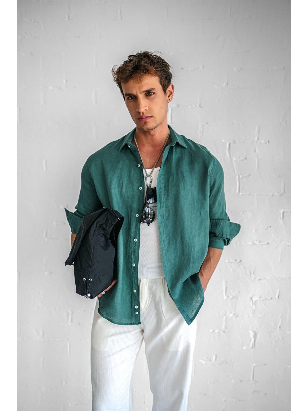 Erkek Uzun Kollu Regular Fit %100 Keten Gömlek Yeşil-5