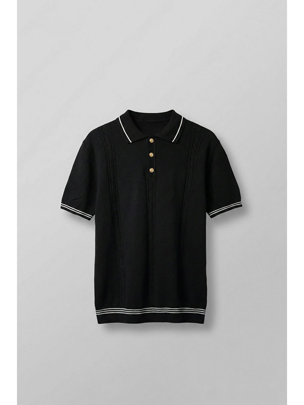 Erkek Regular Fit Saç Örgü Detaylı Triko Polo Yaka T Shirt Siyah