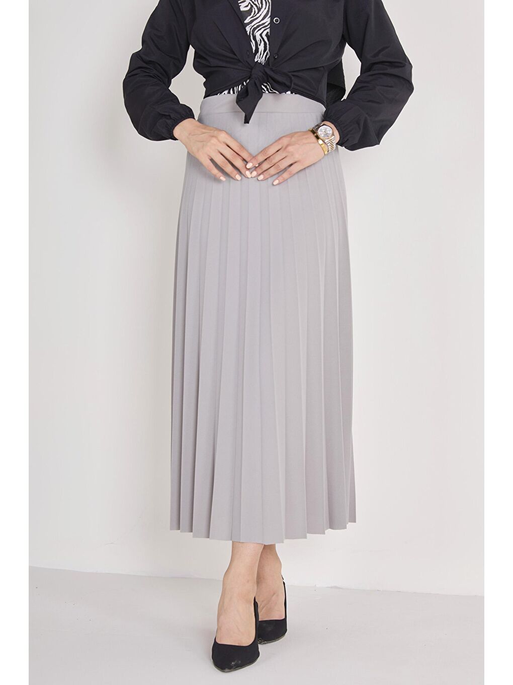 Orta Kadın Gri Piliseli Etek - 23035-3