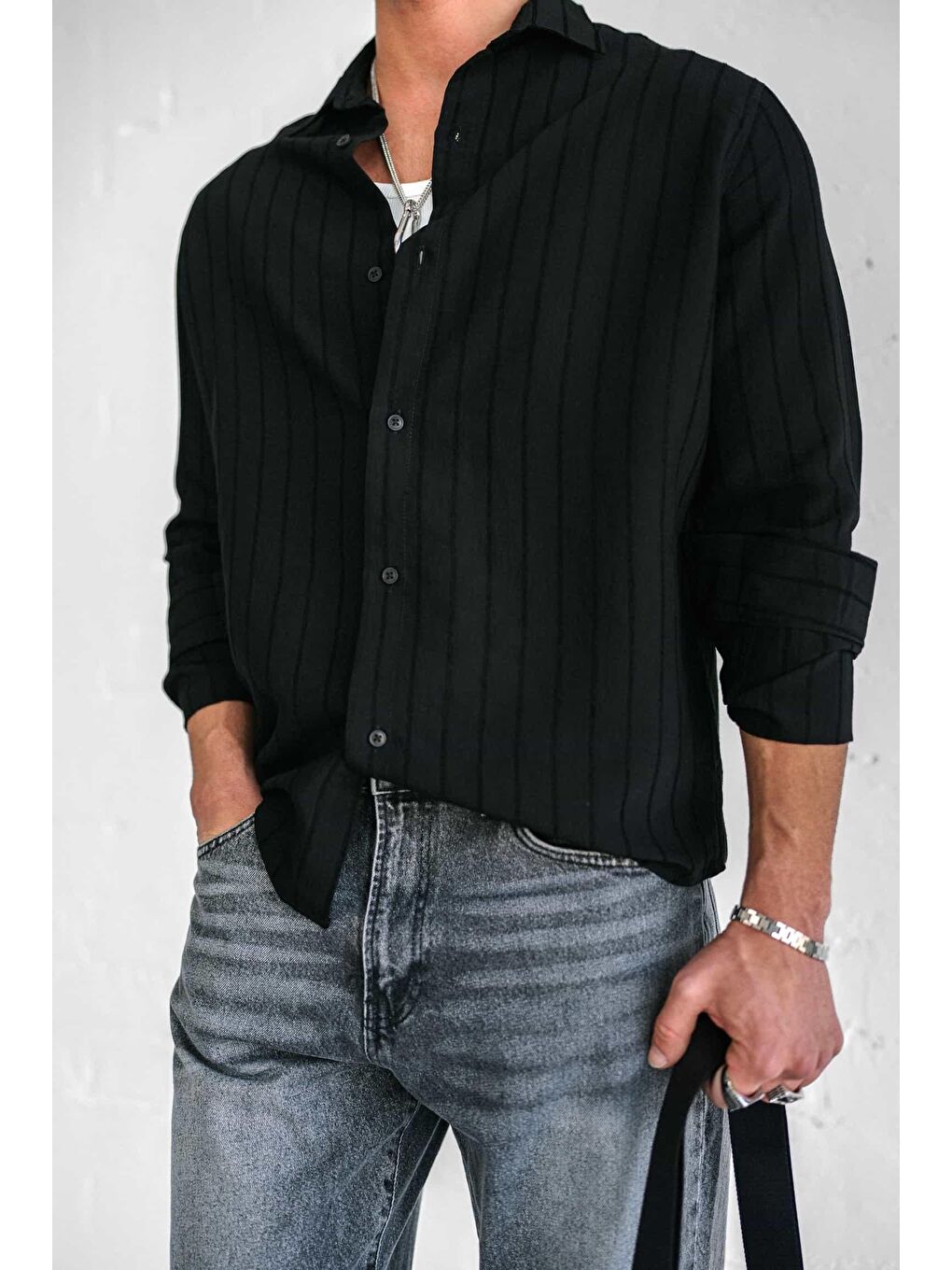 Erkek Premium Çizgili Pamuklu Oversize Gömlek Siyah-1