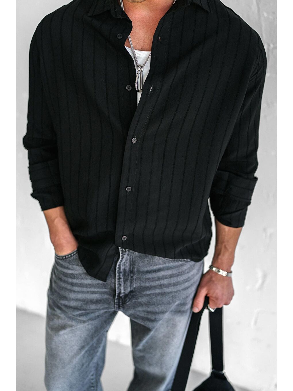 Erkek Premium Çizgili Pamuklu Oversize Gömlek Siyah-2
