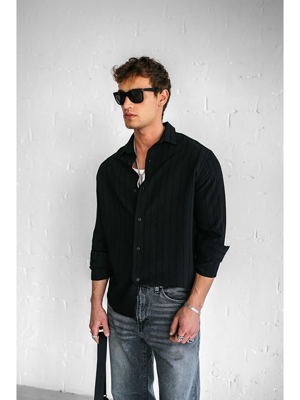 Erkek Premium Çizgili Pamuklu Oversize Gömlek Siyah-3