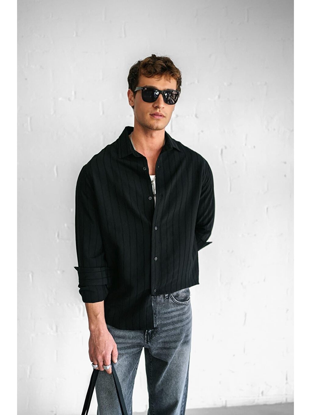 Erkek Premium Çizgili Pamuklu Oversize Gömlek Siyah-4