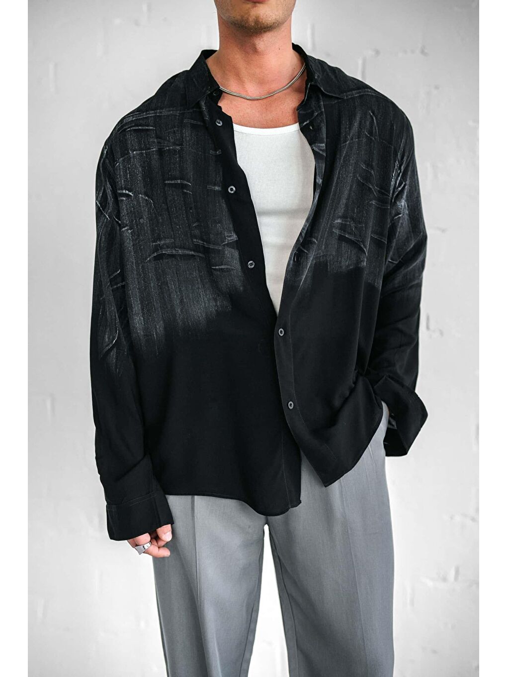 Erkek Uzun Kollu Desenli Oversize Gömlek Siyah