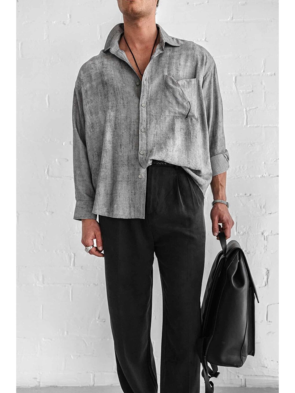 Erkek Dokulu Desenli Oversize Rahat Gömlek Gri-1