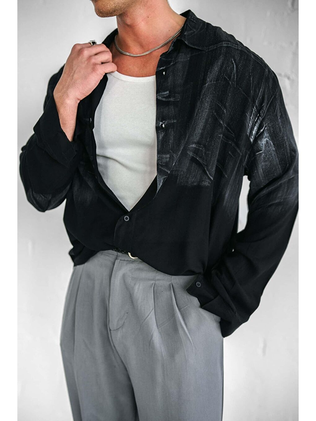 Erkek Uzun Kollu Desenli Oversize Gömlek Siyah-2