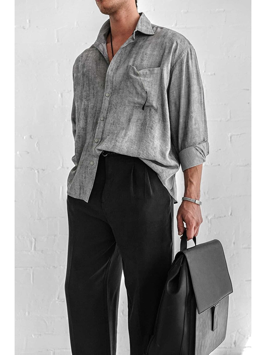 Erkek Dokulu Desenli Oversize Rahat Gömlek Gri-2