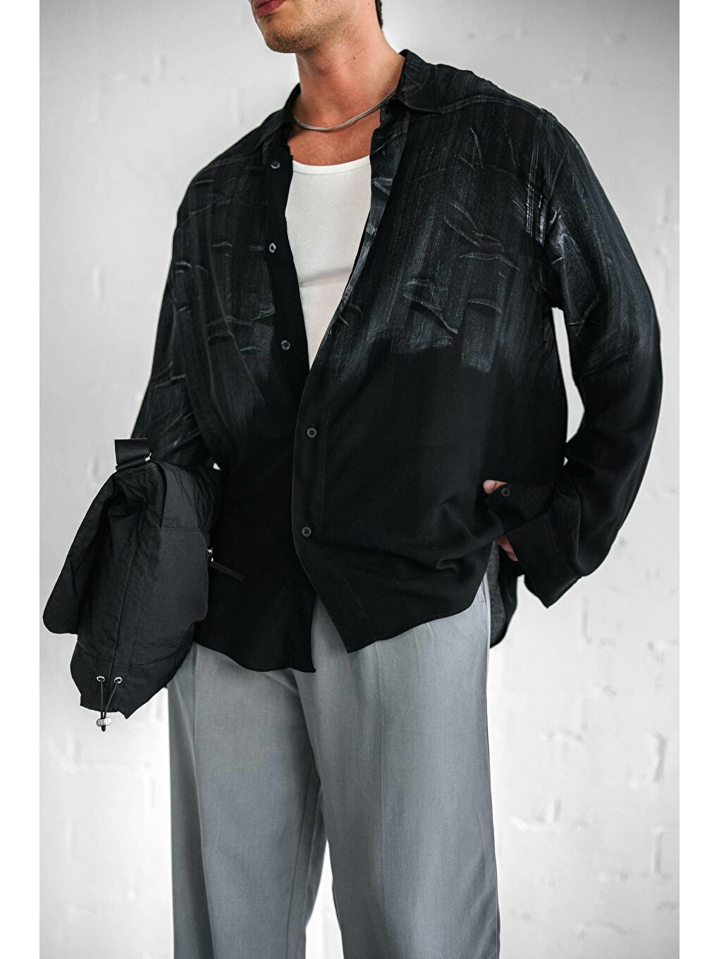 Erkek Uzun Kollu Desenli Oversize Gömlek Siyah-3