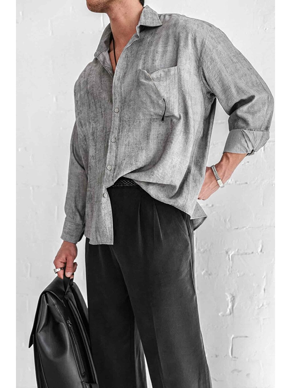 Erkek Dokulu Desenli Oversize Rahat Gömlek Gri-3