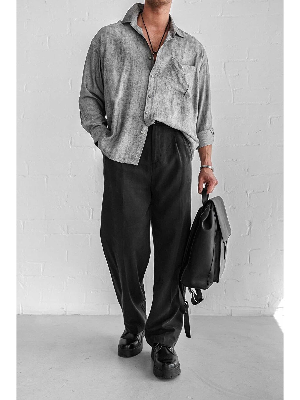 Erkek Dokulu Desenli Oversize Rahat Gömlek Gri-4