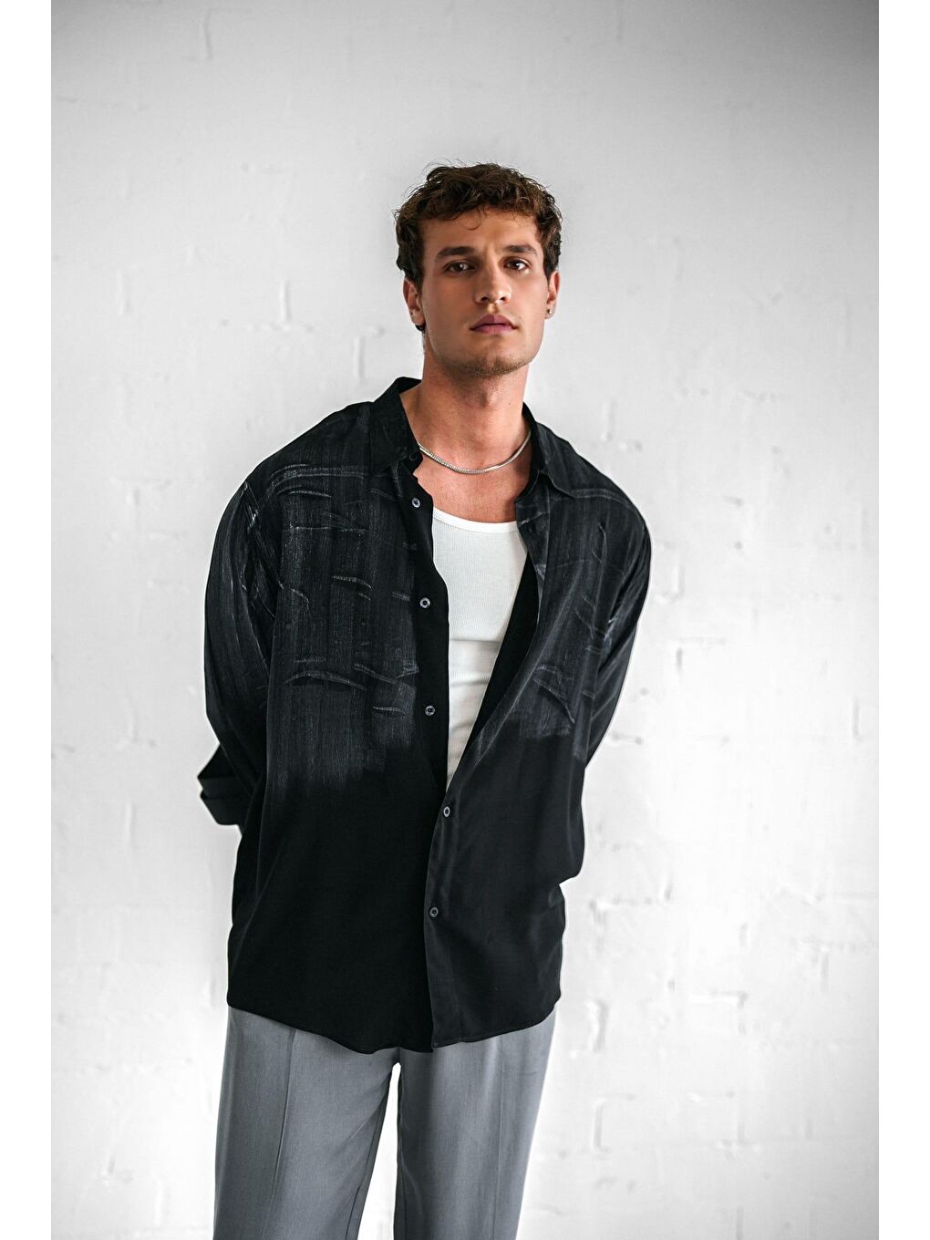 Erkek Uzun Kollu Desenli Oversize Gömlek Siyah-4