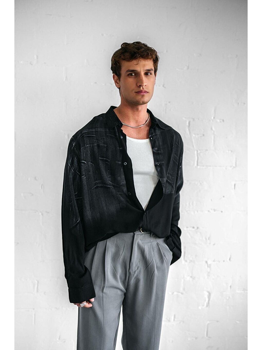 Erkek Uzun Kollu Desenli Oversize Gömlek Siyah-5