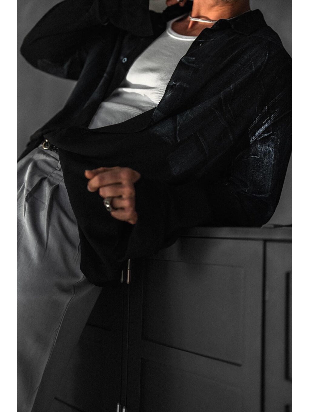 Erkek Uzun Kollu Desenli Oversize Gömlek Siyah-6