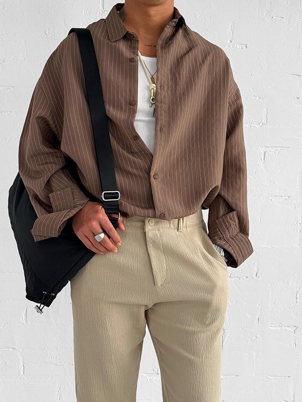 Kahverengi Erkek Rahat Kesim Çizgili Modal Gömlek Kahve