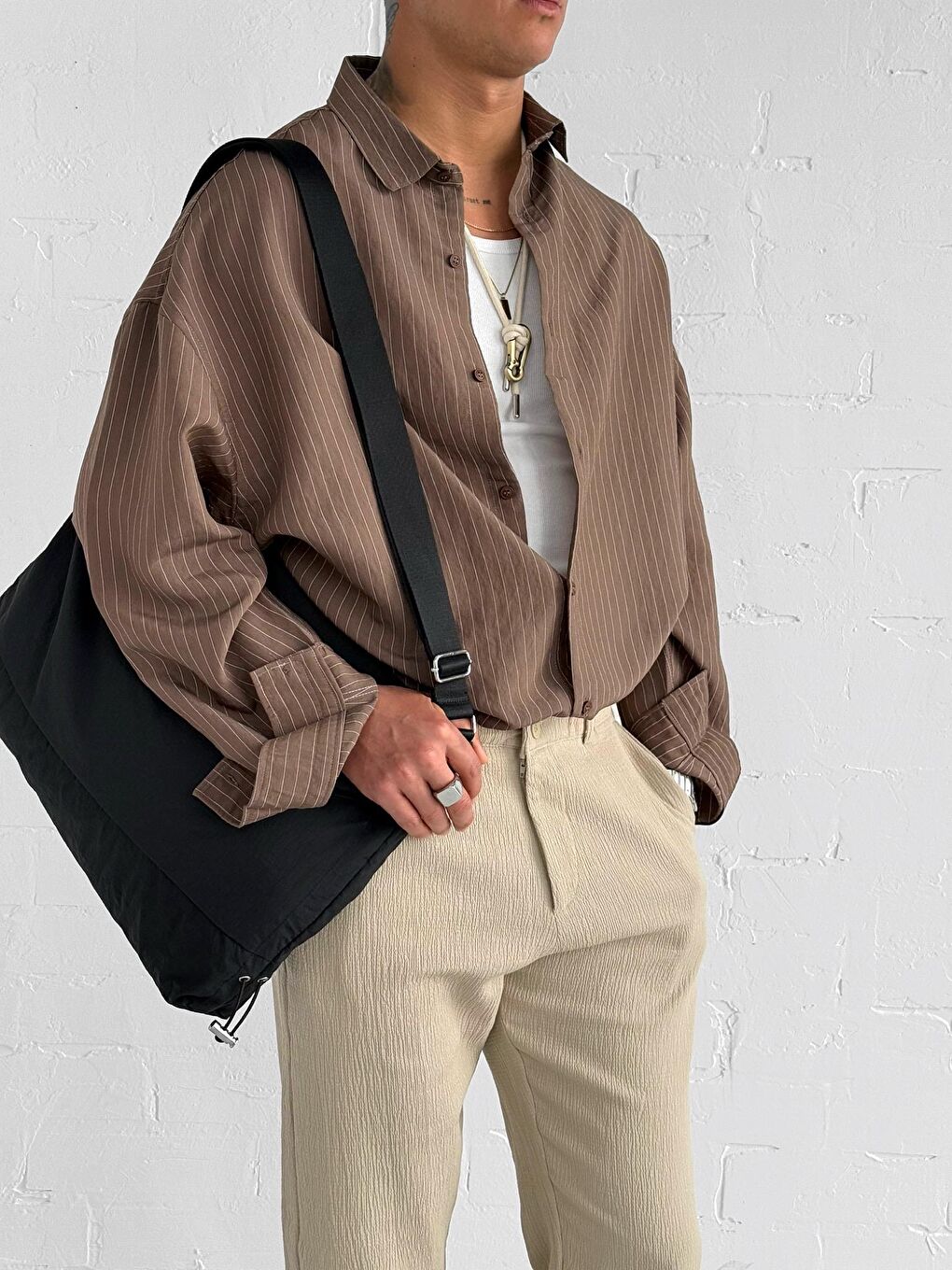 Kahverengi Erkek Rahat Kesim Çizgili Modal Gömlek Kahve-1