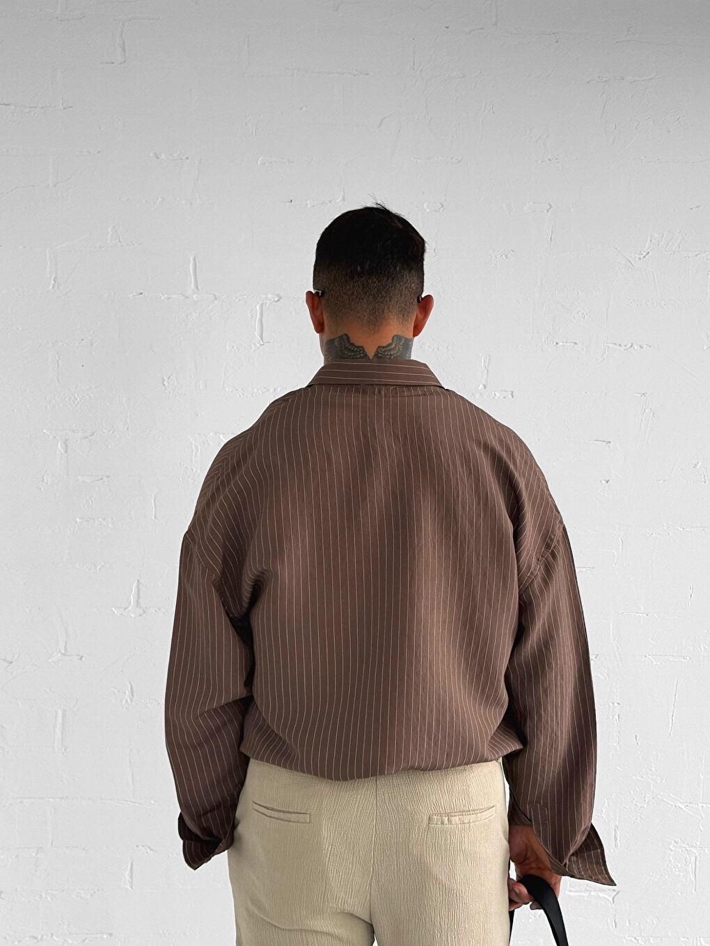 Kahverengi Erkek Rahat Kesim Çizgili Modal Gömlek Kahve-2