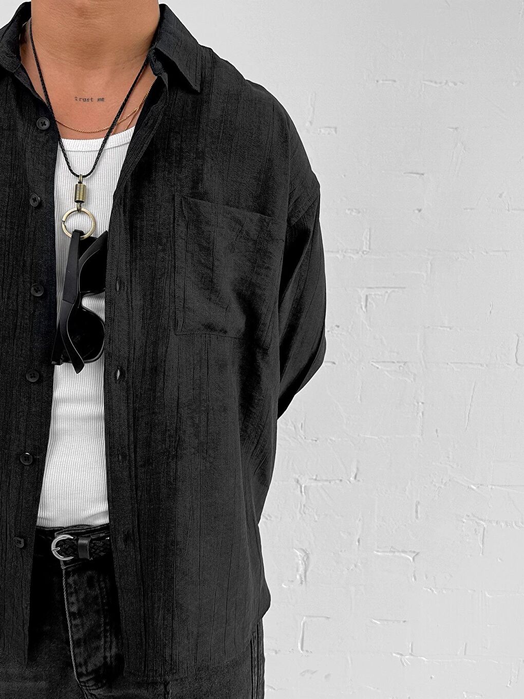 Erkek Dokulu Desenli Oversize Rahat Gömlek Siyah-2