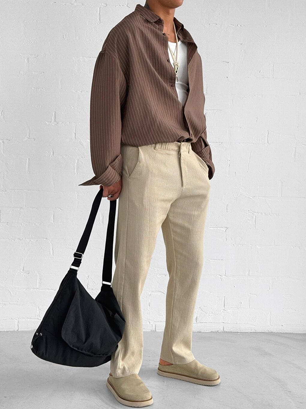 Kahverengi Erkek Rahat Kesim Çizgili Modal Gömlek Kahve-3