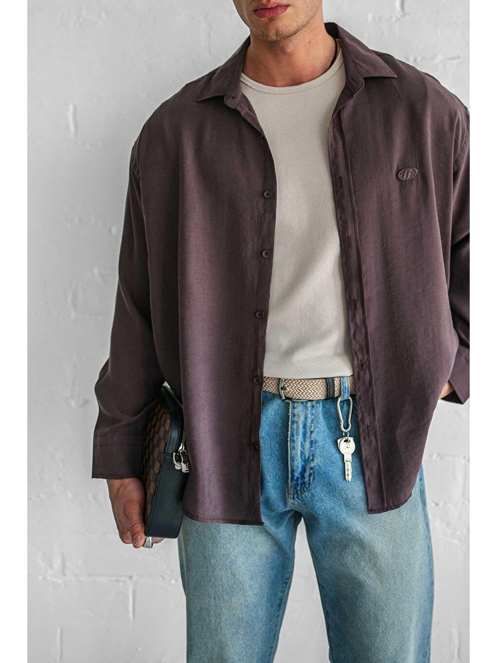 Erkek Uzun Kollu Rahat Kesim Oversize İnce Gömlek Kahverengi-1