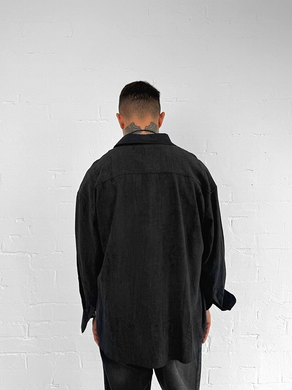 Erkek Dokulu Desenli Oversize Rahat Gömlek Siyah-3