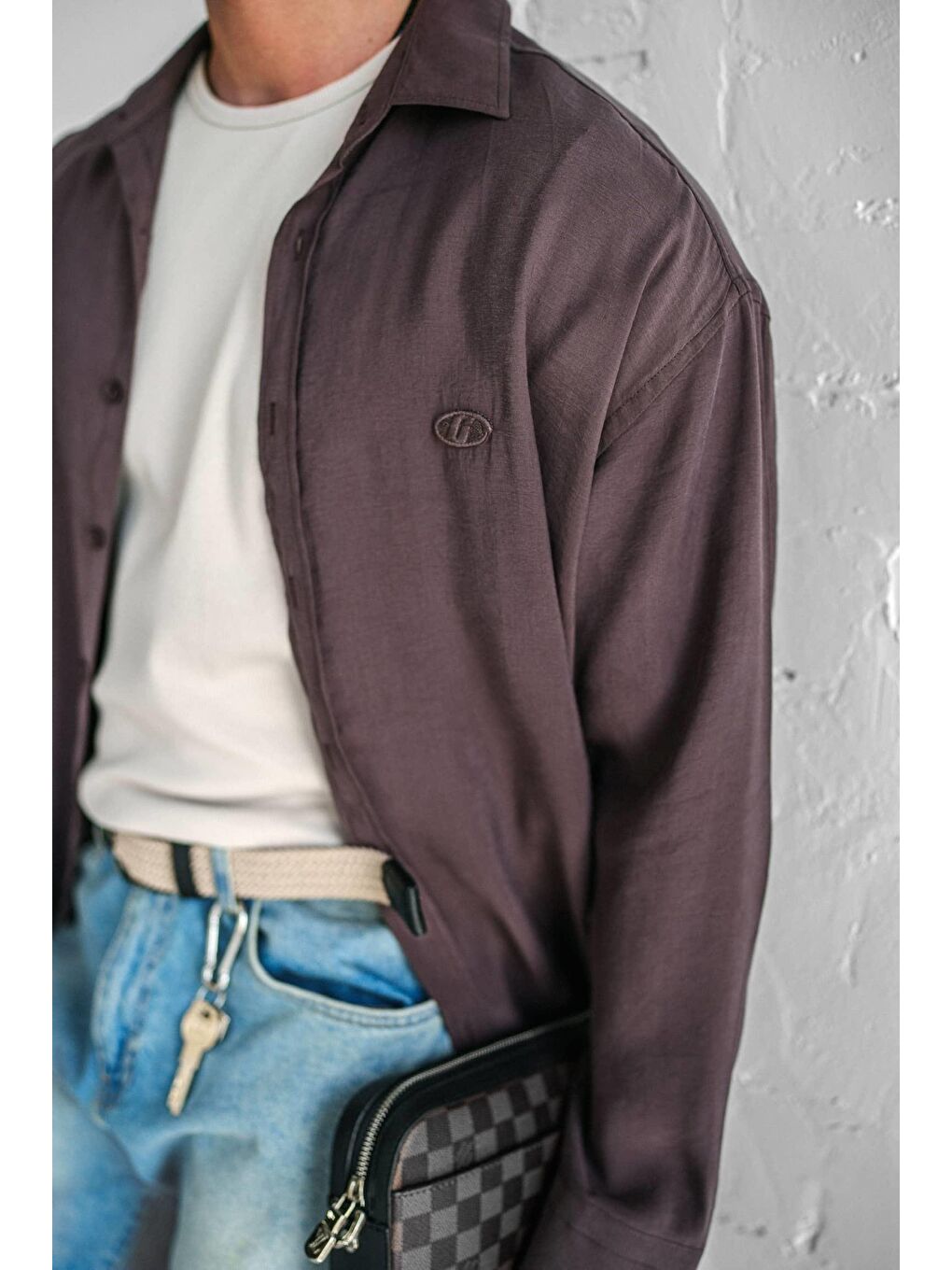 Erkek Uzun Kollu Rahat Kesim Oversize İnce Gömlek Kahverengi-2