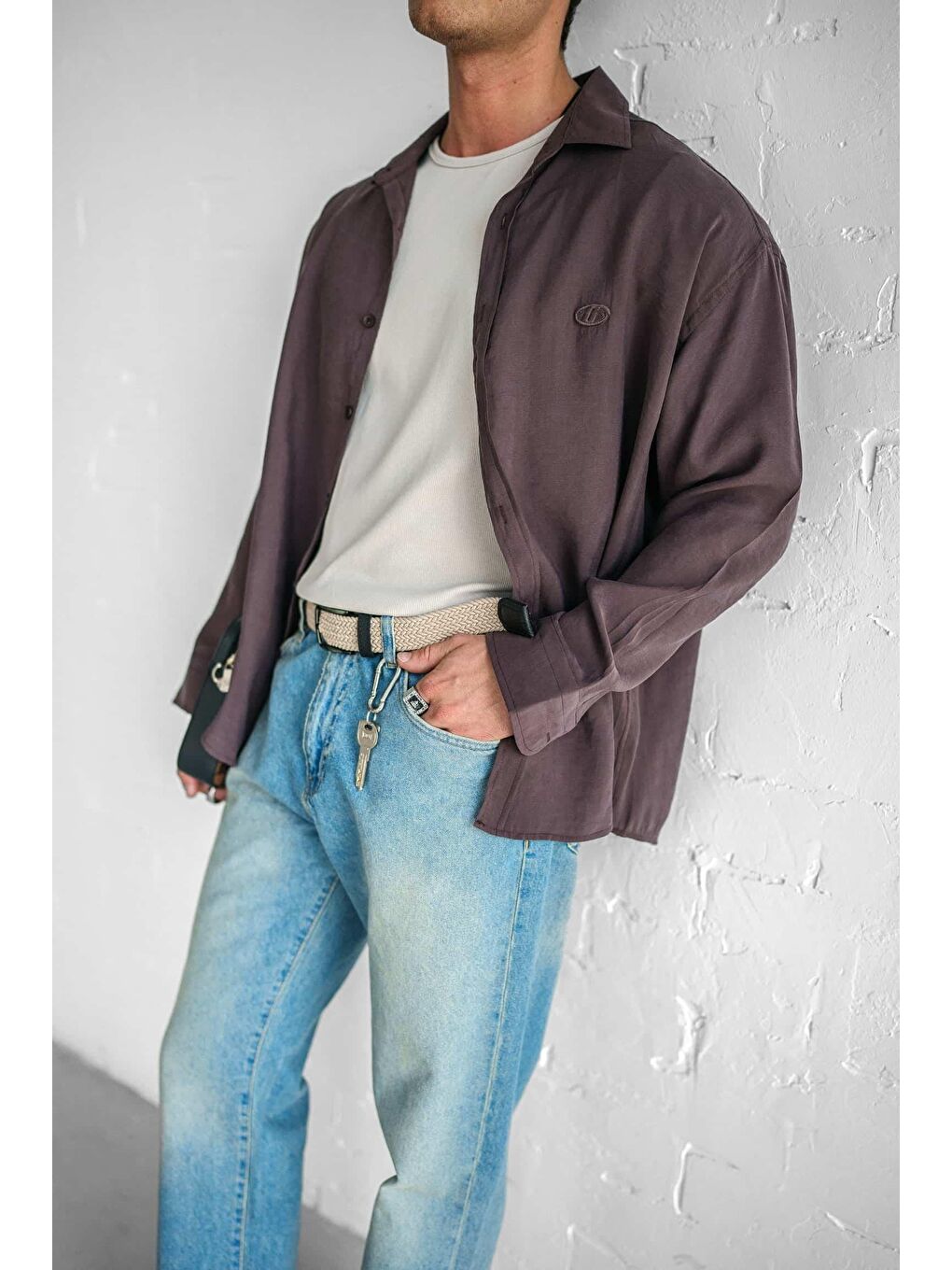 Erkek Uzun Kollu Rahat Kesim Oversize İnce Gömlek Kahverengi-3