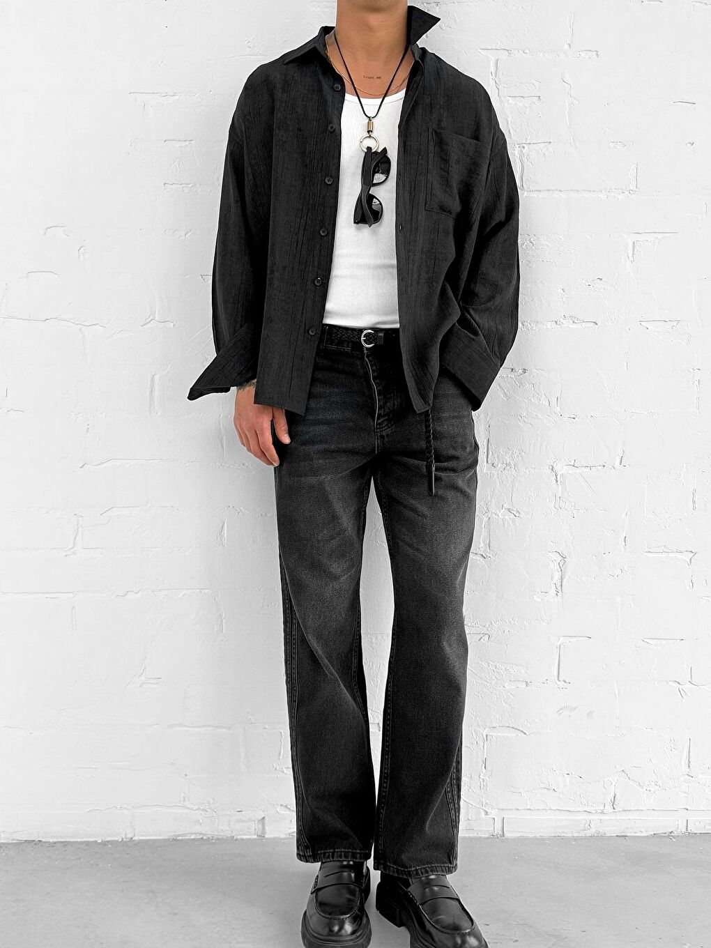 Erkek Dokulu Desenli Oversize Rahat Gömlek Siyah-4