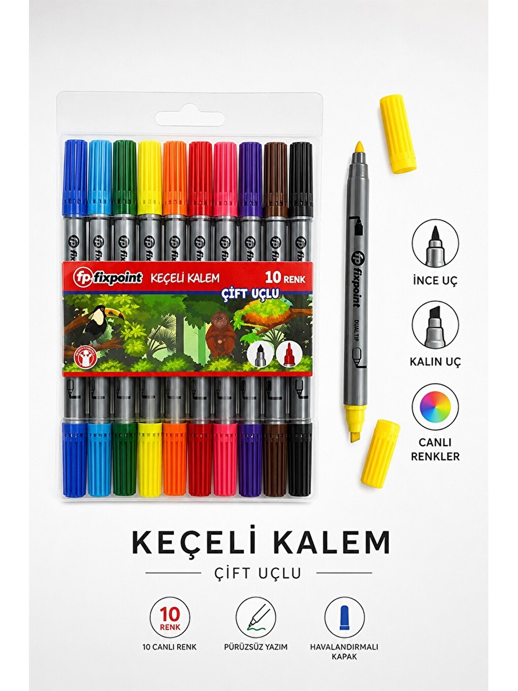 Çift Uçlu 10 Lu İnce Ve Kalın Uçlu Keçeli Kalem 1 Paket Fixpoint P-5402 10 Renk Keçe Uçlu Kalem Renk