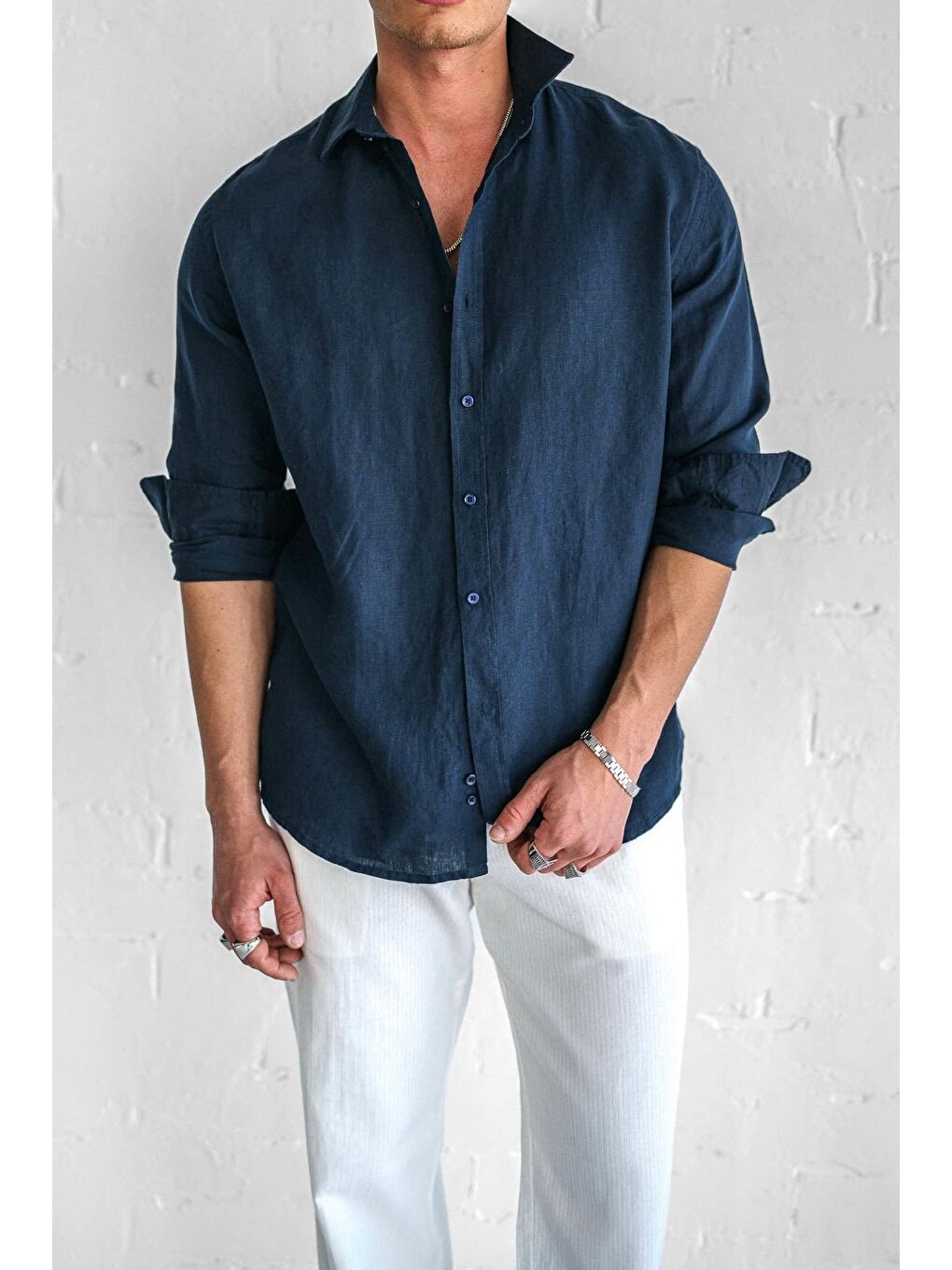 Erkek Uzun Kollu Regular Fit %100 Keten Gömlek Lacivert-1