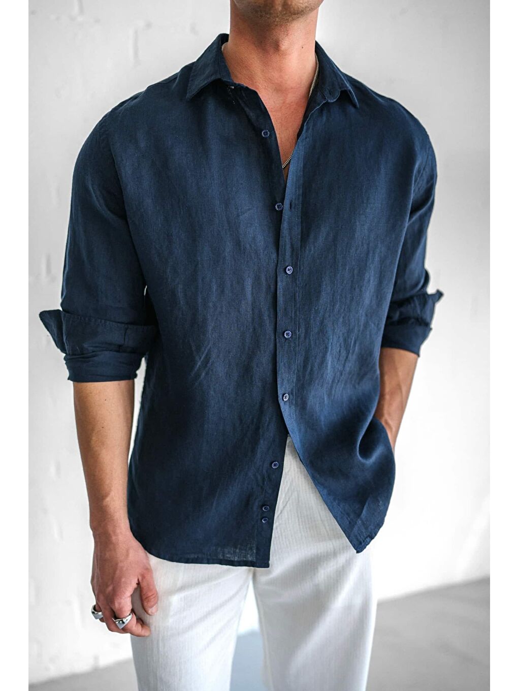 Erkek Uzun Kollu Regular Fit %100 Keten Gömlek Lacivert-2