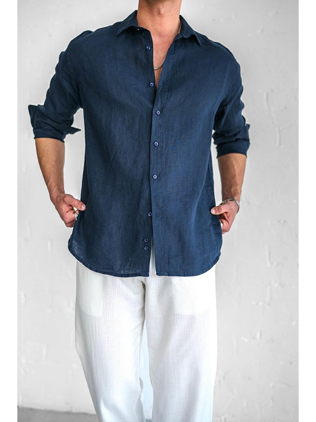 Erkek Uzun Kollu Regular Fit %100 Keten Gömlek Lacivert-4