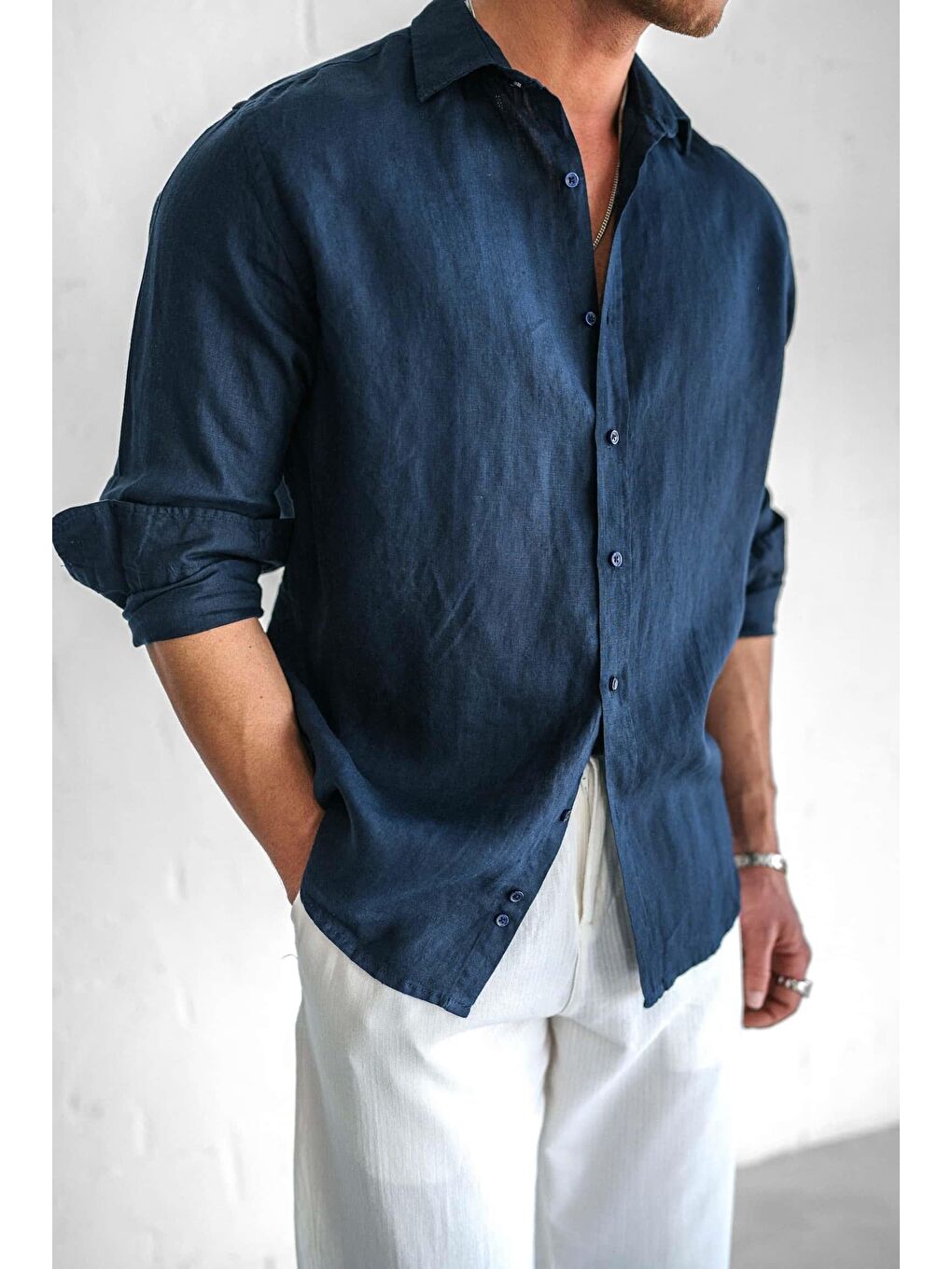 Erkek Uzun Kollu Regular Fit %100 Keten Gömlek Lacivert-5