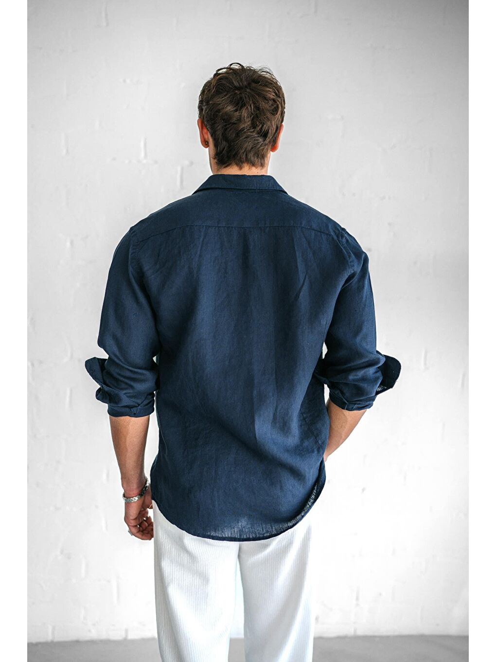 Erkek Uzun Kollu Regular Fit %100 Keten Gömlek Lacivert-6