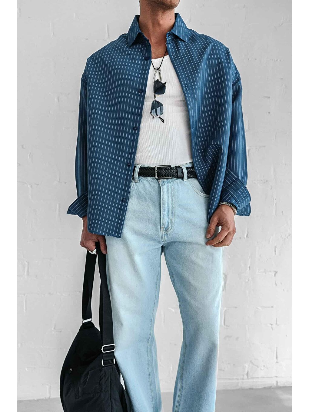 Erkek Rahat Kesim Çizgili Modal Gömlek Lacivert