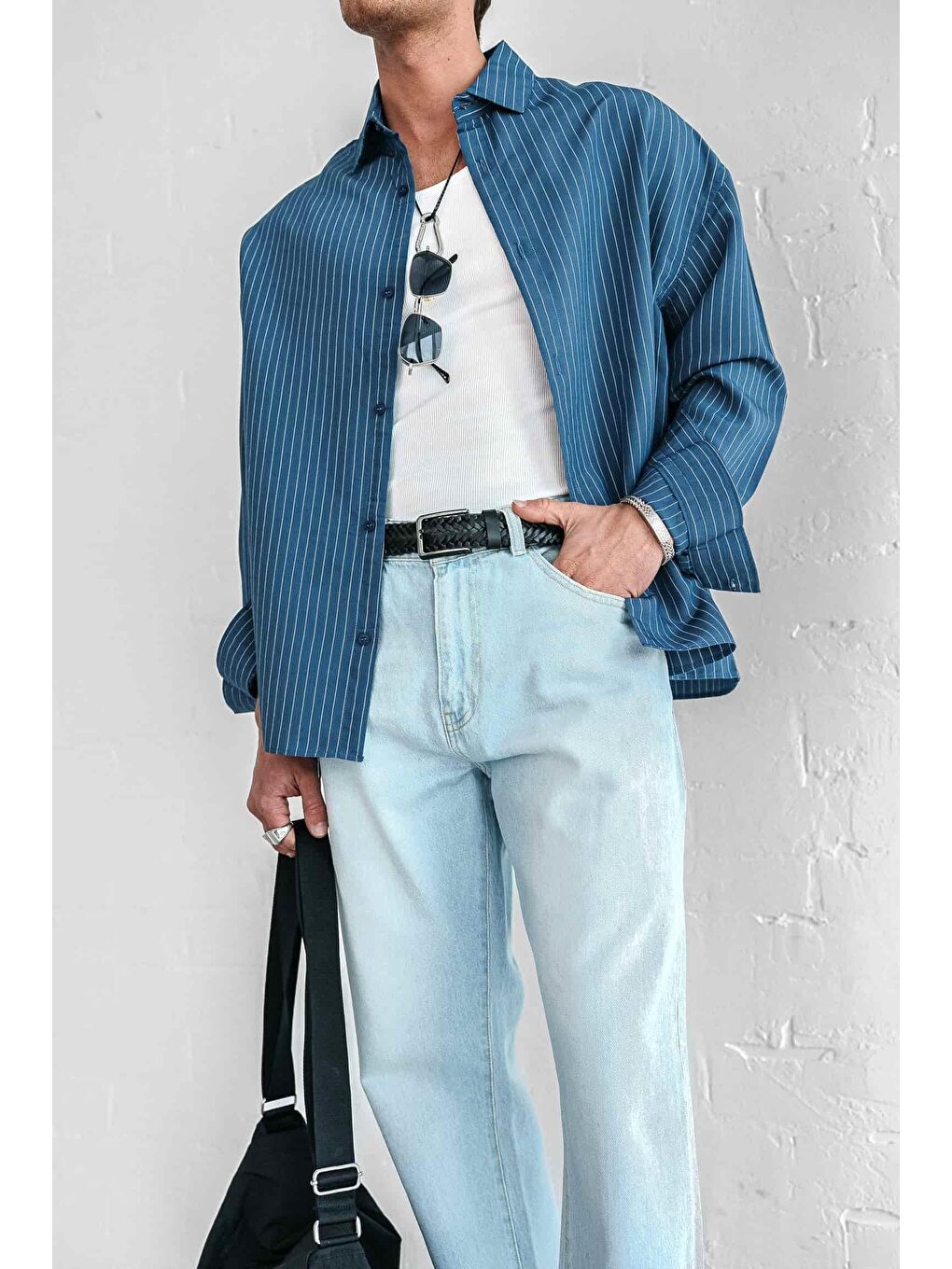 Erkek Rahat Kesim Çizgili Modal Gömlek Lacivert-1