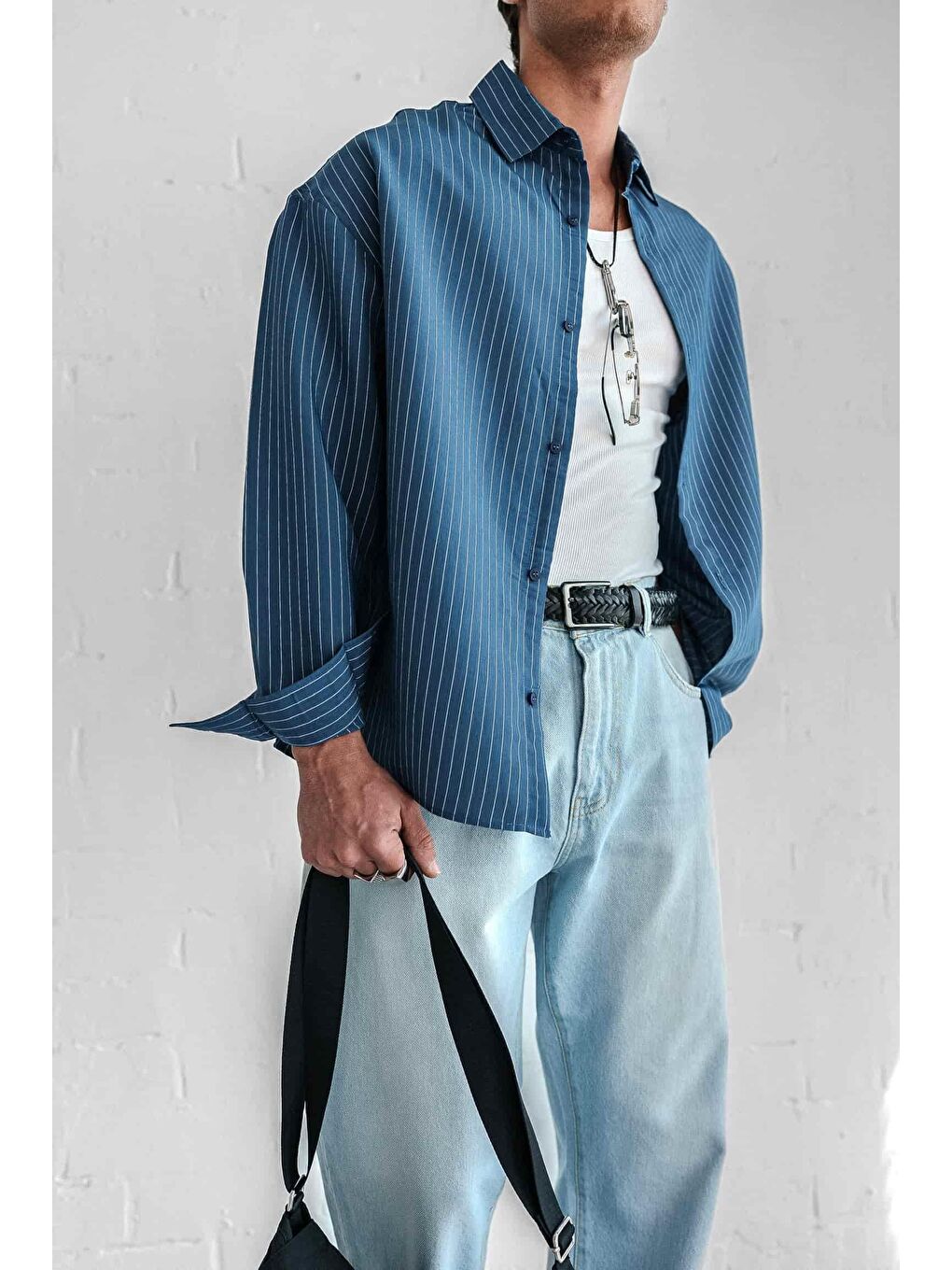 Erkek Rahat Kesim Çizgili Modal Gömlek Lacivert-2