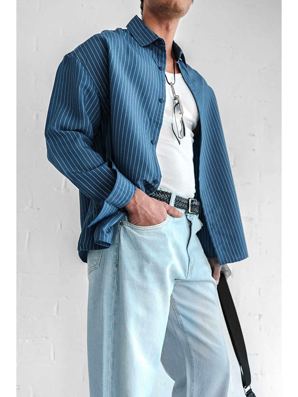 Erkek Rahat Kesim Çizgili Modal Gömlek Lacivert-3