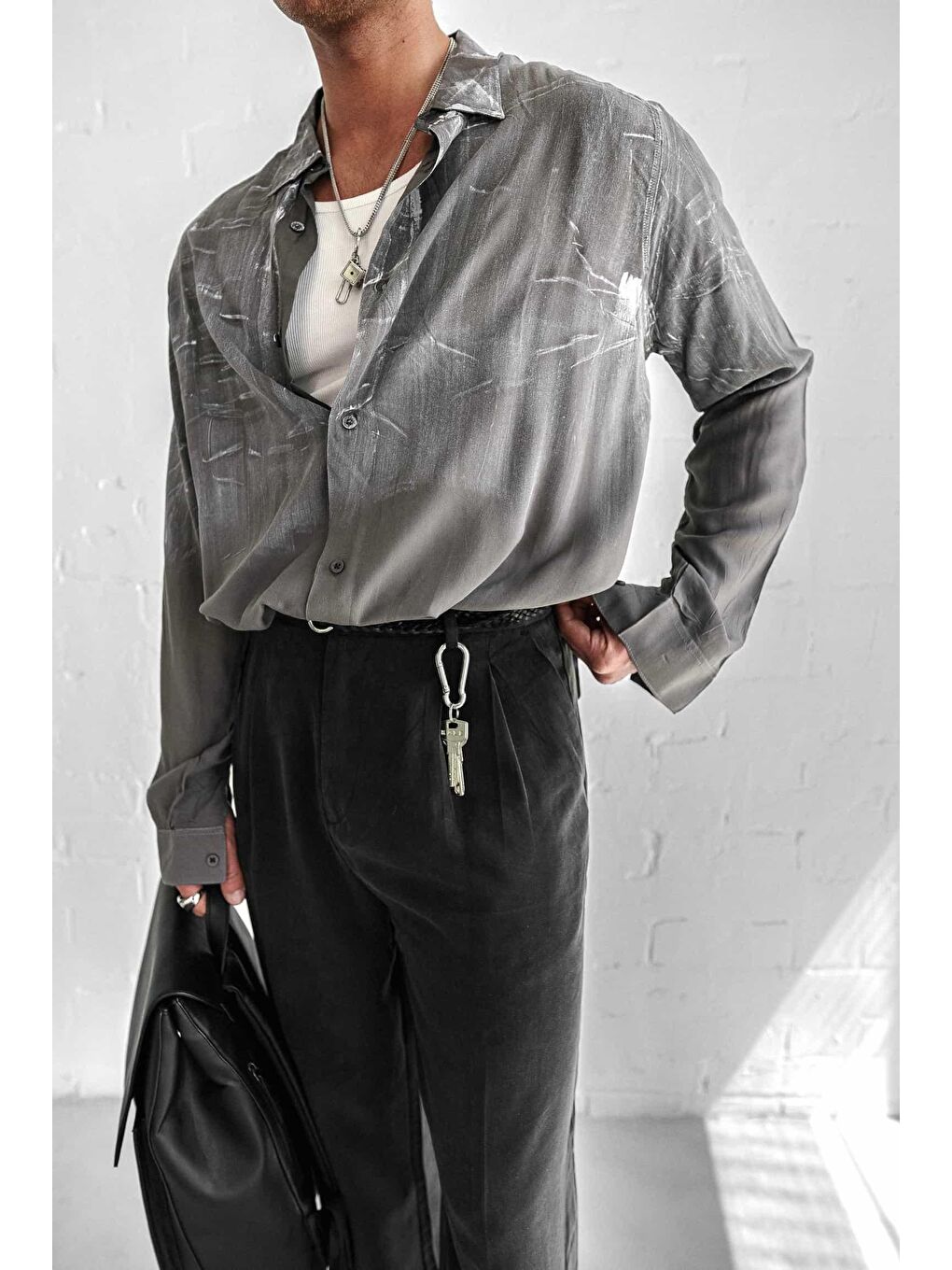 Erkek Uzun Kollu Desenli Oversize Gömlek Antrasit-1