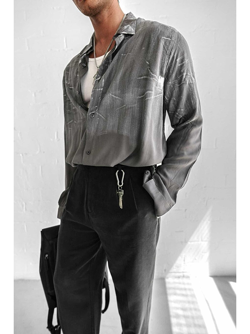 Erkek Uzun Kollu Desenli Oversize Gömlek Antrasit-2