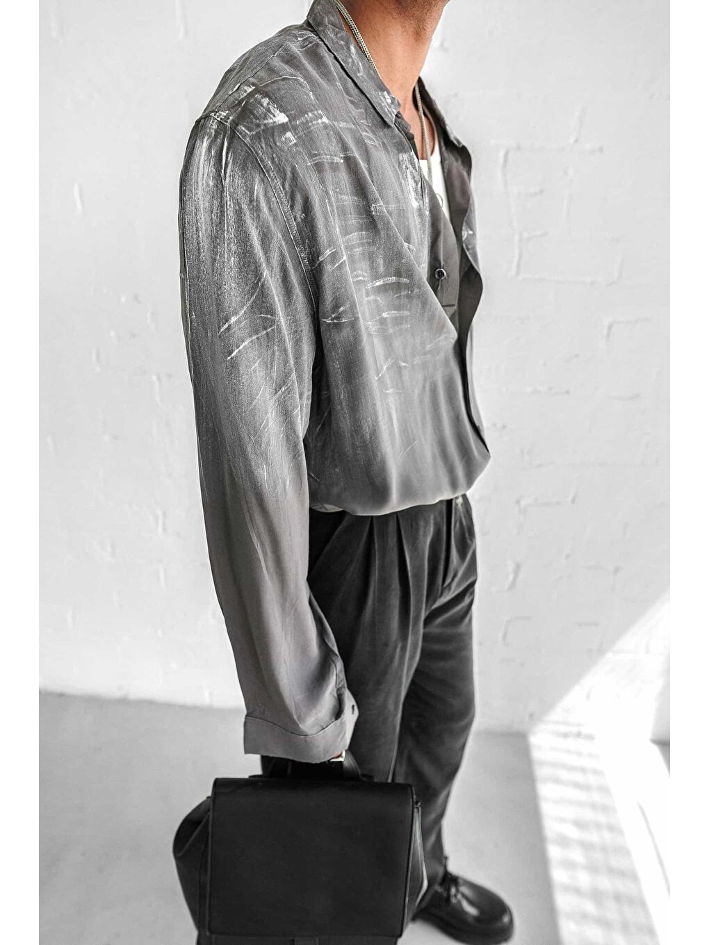 Erkek Uzun Kollu Desenli Oversize Gömlek Antrasit-3