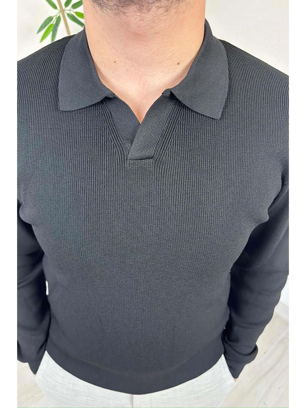 - Erkek Siyah Polo Yaka Regular Triko Kazak-1