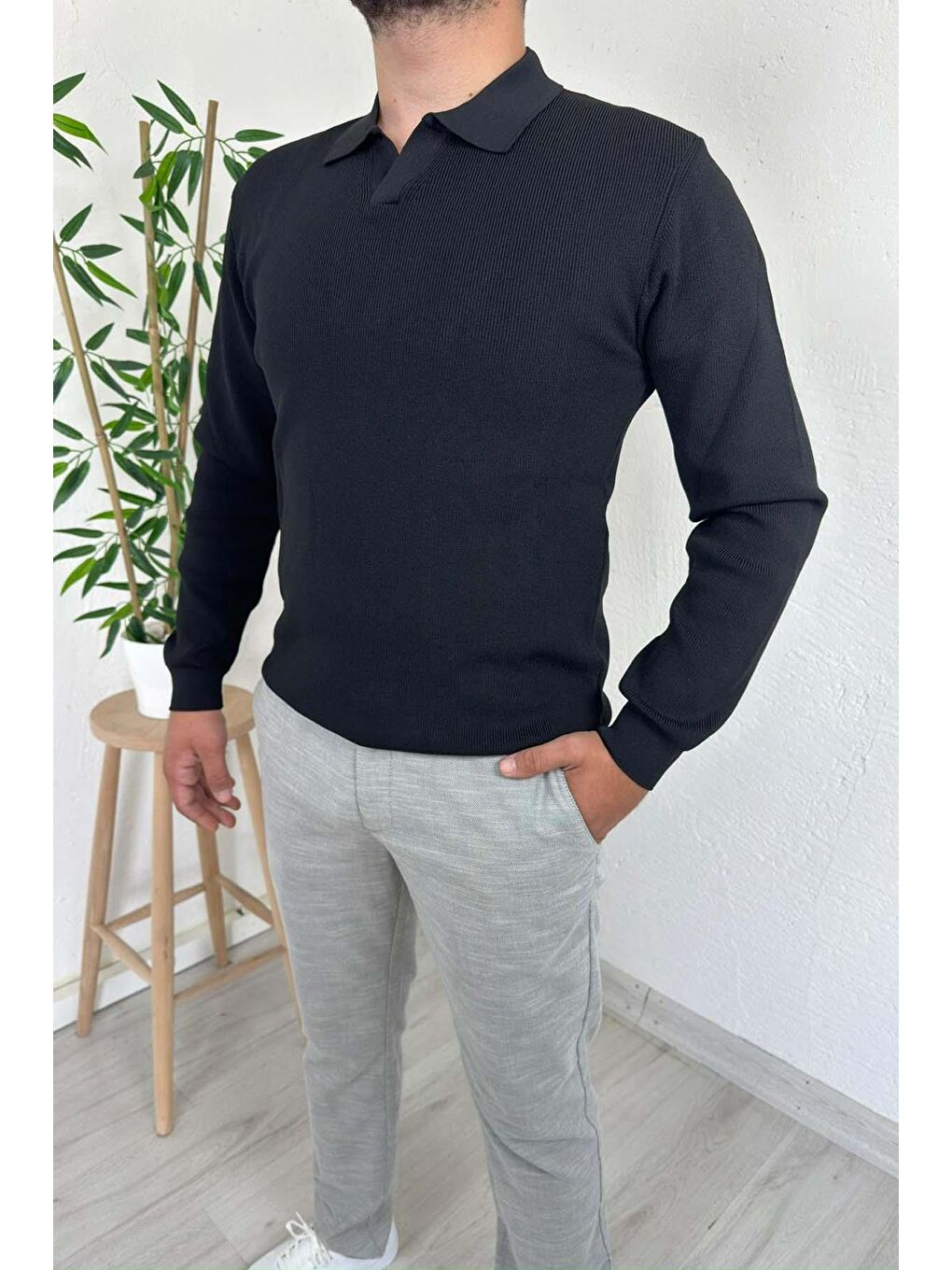 - Erkek Siyah Polo Yaka Regular Triko Kazak-2