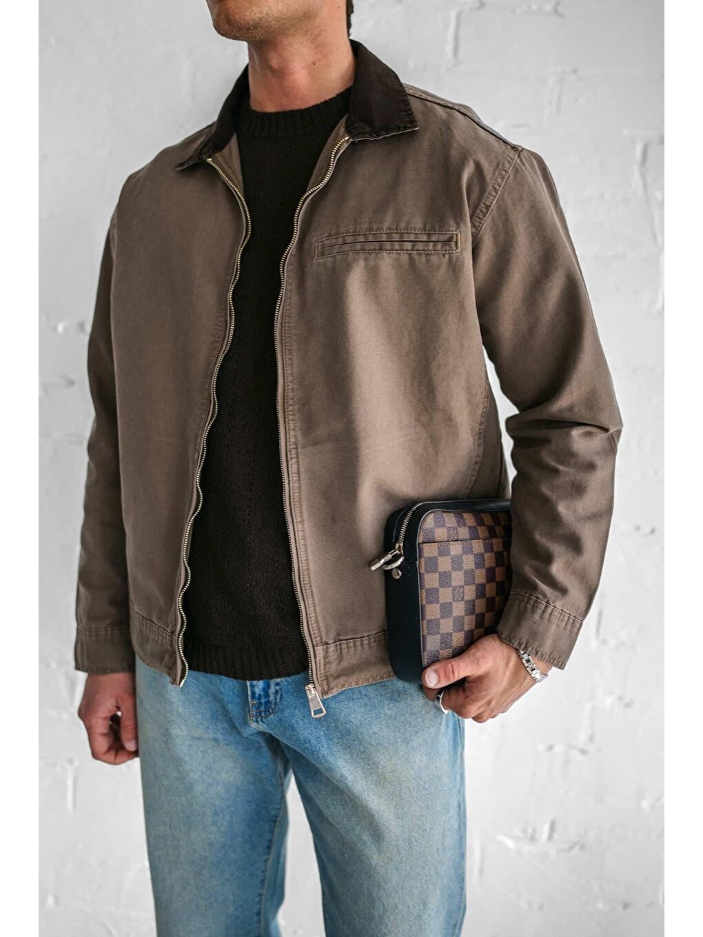 Kahverengi Erkek Kontrast Yakalı Regular Fit Denim Ceket Açık Kahve